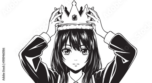 Anime girl wearing crown, royalty illustration, monarch portrait, cartoon queen