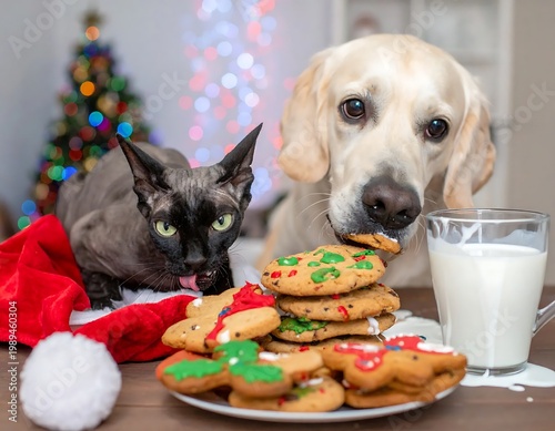 Golden Labrador Dog And Dark Cornish Rex Cat Eating Festive Christmas Cookies And Milk Near A Holiday Tree With Bokeh Lights