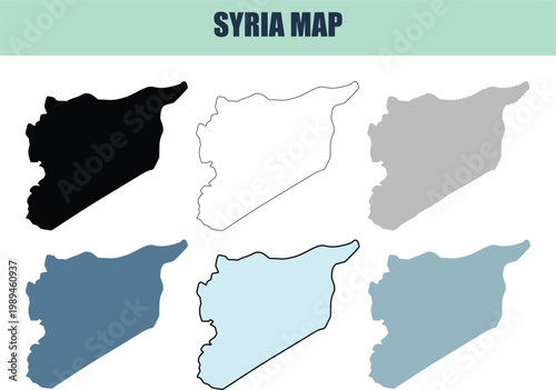 Syria map outlines presented in 6 different style variations for geographical representation and planning