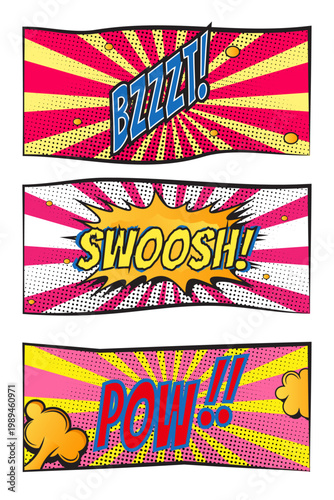Set of comic page of colorful frames illustration, comic background template, colorful conversation template background, blank colorful comic abstract background with POW word