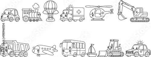 Cartoon vehicles including car, train, airplane, bus, boat, helicopter, and construction machines in playful educational vector illustration