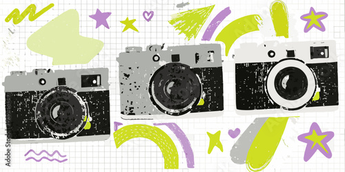 Retro cameras and playful doodles on a grid background
