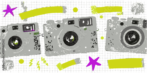 Retro cameras and colorful abstract shapes on a grid background
