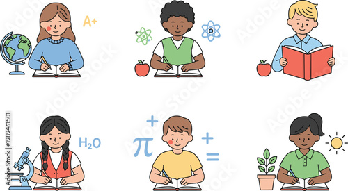 Vector illustration of cartoon students studying with subject symbols representing science, math, literature, and environmental studies