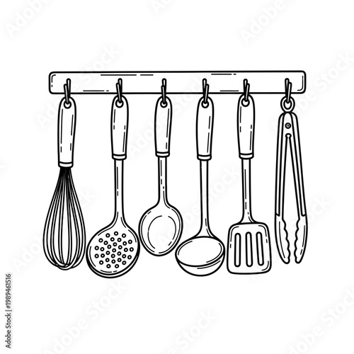 Kitchen utensils hanging on a rack a sketch illustration
