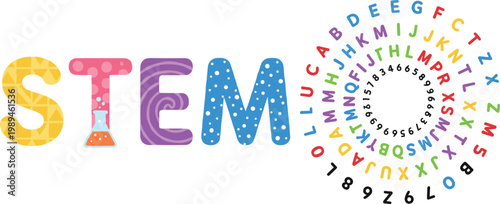 Vector illustration of colorful STEM letters with science, technology, engineering, and math patterns and spiral alphabet design