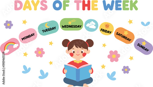 Vector illustration of colorful days of the week chart with child reading and playful icons for learning