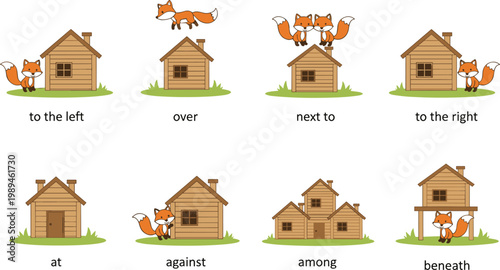 Cartoon fox with wooden houses demonstrating spatial prepositions of place including left, right, over, under, among, against