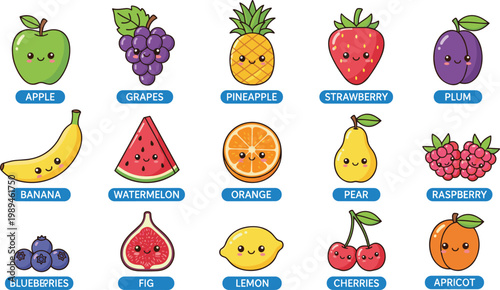 Cartoon fruits with smiling faces including apple, grapes, pineapple, strawberry, banana, watermelon, orange, pear, lemon