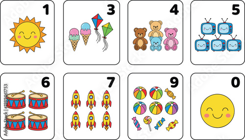Cartoon number cards with playful objects teaching counting and math in educational vector illustration