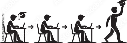 Students complete a learning process on a laptop computer before successfully graduating with a cap to demonstrate their academic achievement and progress.