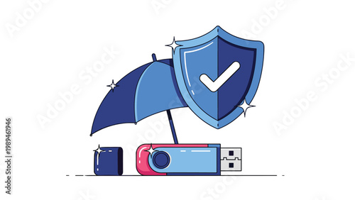 Digital security concept showing a USB flash drive protected by an umbrella and a blue shield with a checkmark.