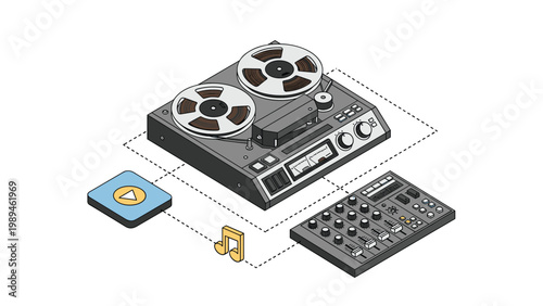 Vintage analog reel-to-reel tape recorder with a mixing console and music icons in an isometric technical illustration.