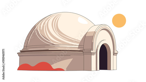 Sand colored domed adobe building in a desert environment with a bright yellow sun and red sandy terrain area.