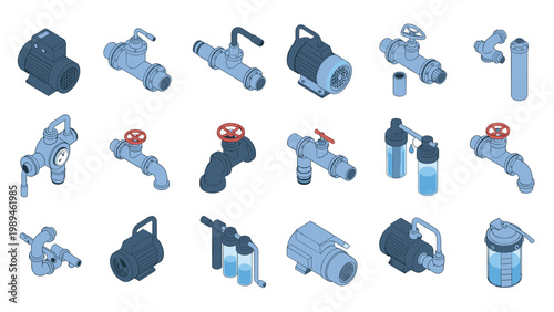 Detailed set of isometric icons representing industrial plumbing parts, water pumps, filters, and various valves.