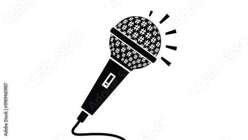 Black and white silhouette of a microphone with the head made of many hashtag symbols for social media topics.