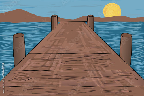 A wooden pier extends towards a bright sun over calm blue water