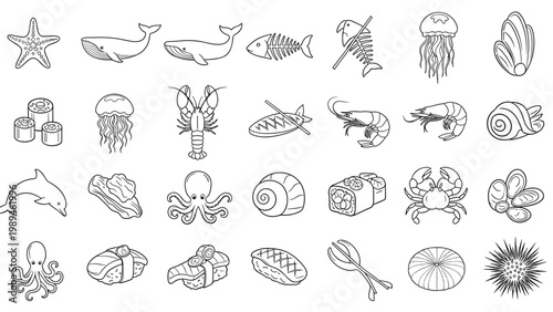 Extensive collection of black and white line icons featuring sea creatures, shells, sushi, and various ocean life forms.