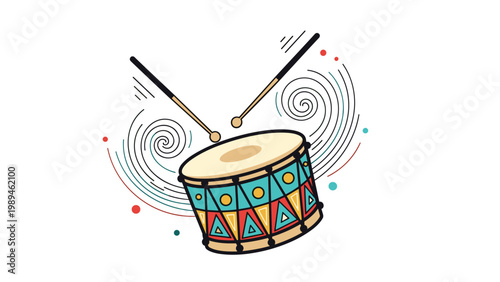 Artistic illustration of a vibrant traditional drum decorated with geometric patterns and two wooden drumsticks in mid motion.