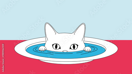 Minimalist illustration of a curious white cat peeking out from behind a blue bowl filled with rippling water on a red surface.