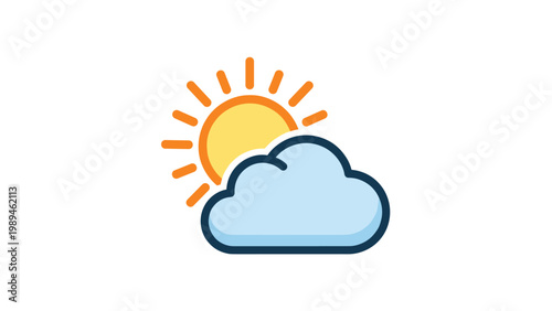 Simple and clear weather icon illustration depicting a bright yellow sun partially hidden behind a soft blue and white cloud.