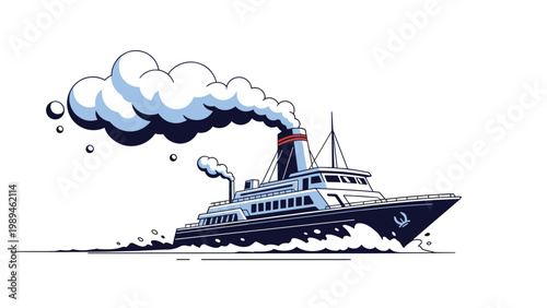 Classic nautical illustration of a majestic steamship ocean liner cruising through the waves with a trail of white smoke.