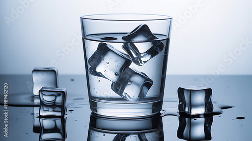isolated glass of clear water with ice cubes and condensation, white background 
