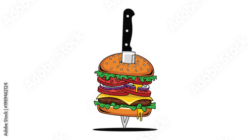 Mouth-watering illustration of a towering multi-layered hamburger with fresh ingredients and a chef's knife skewering the center.