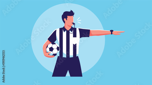 Professional soccer referee illustration wearing a striped uniform, blowing a whistle and signaling with his arm during a game.