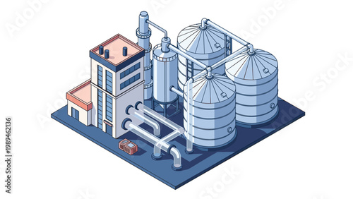 Detailed isometric illustration of a modern industrial food or dairy processing plant with large storage tanks and pipeline systems.