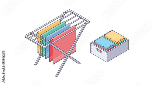 Isometric illustration of a foldable laundry drying rack with colorful hanging towels next to a box of neatly folded linens.