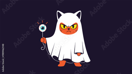 Playful halloween illustration of an orange cat dressed in a white ghost sheet costume holding a spooky eyeball on a stick.