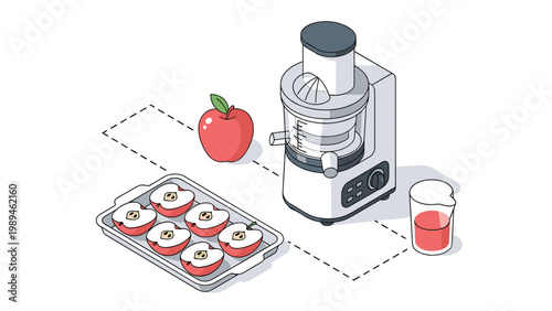 Modern juicer appliance sits next to fresh whole and sliced red apples with a glass of juice in an isometric kitchen scene.