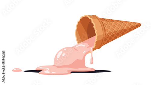 Strawberry ice cream melts and spills onto a dark surface after falling from its crisp waffle cone in a minimalist illustration.