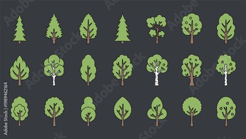 Versatile collection of twenty-one different tree icons in various species and shapes for forest and nature themed designs.