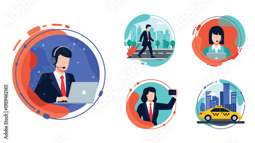 Business and travel related service icons including customer support, taxi transport, and corporate workers in a clean flat style.