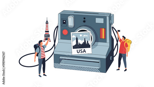 Travelers pose beside a massive retro camera showing a vintage photo of the United States cityscape in an artistic style.