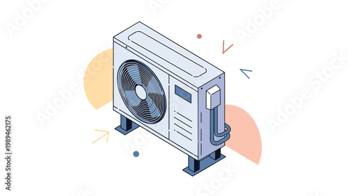 Outdoor air conditioning unit shown in an isometric perspective with abstract decorative shapes on a clean white background.