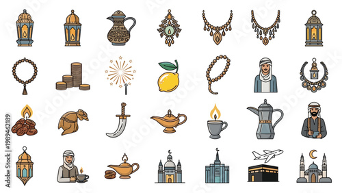 Comprehensive set of Middle Eastern cultural icons featuring lanterns, jewelry, traditional coffee pots, architecture, and people.