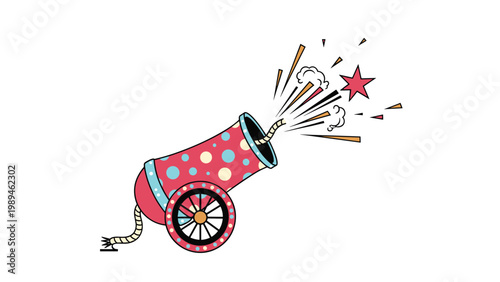 Colorful polka dot circus cannon firing out stars and confetti in a celebratory explosive performance on white.