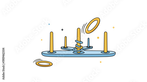 Classic ring toss game on a stand with several hoops flying in the air and landing on wooden pegs for carnival fun.