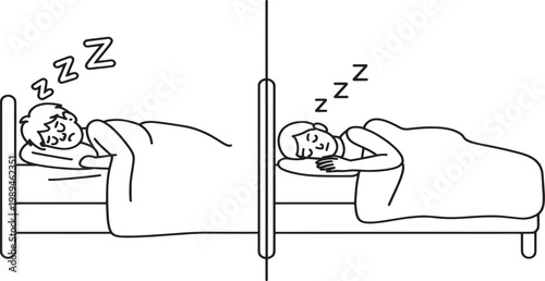 People sleeping in separate beds represent individual rest and peaceful slumber in a clean black and white line art illustration designed for modern wellness and lifestyle health concepts.
