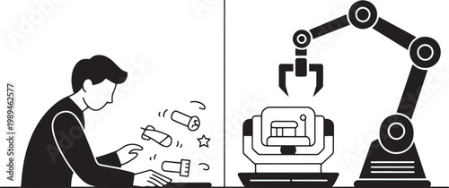 Engineer operates a computerized manufacturing workstation while a robotic arm performs automated assembly tasks in a modern production facility to streamline industrial workflow efficiency.