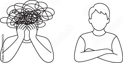 Person struggling with mental confusion and stress compares their chaotic internal state to a calm and composed individual who maintains a relaxed posture in this black and white line drawing concept.