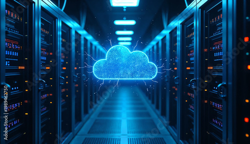 Server rack corridor with glowing blue holographic cloud icon