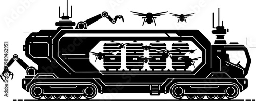 Robotic train, mechanical locomotive, industrial vector, futuristic transportation
