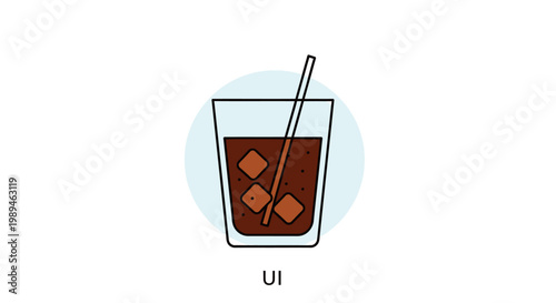 Flat illustration of a glass with brown liquid, ice cubes, and a straw on a light blue background.