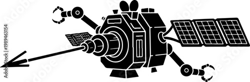 Space satellite, spacecraft, solar panel, antenna, black and white vector illustration, astronomy, space exploration