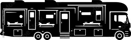 Motorhome, RV, camper van, recreational vehicle, travel trailer, vector icon