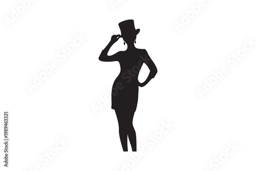 Black silhouette of a woman in a top hat and dress vector illustration